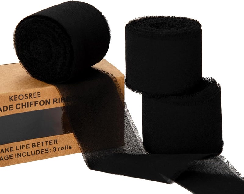KEOSREE 3 Rolls Black Handmade Chiffon Ribbon,1.5" x 21Yd Frayed Fringe Silk Ribbons (3 Rolls *7Yd) for Gifts Wrapping, Wedding Invitations, Bridal Bouquets, Decorations - Image 1